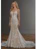 Strapless Plunging Neck Ivory Lace Tulle Open Buttons Back Wedding Dress